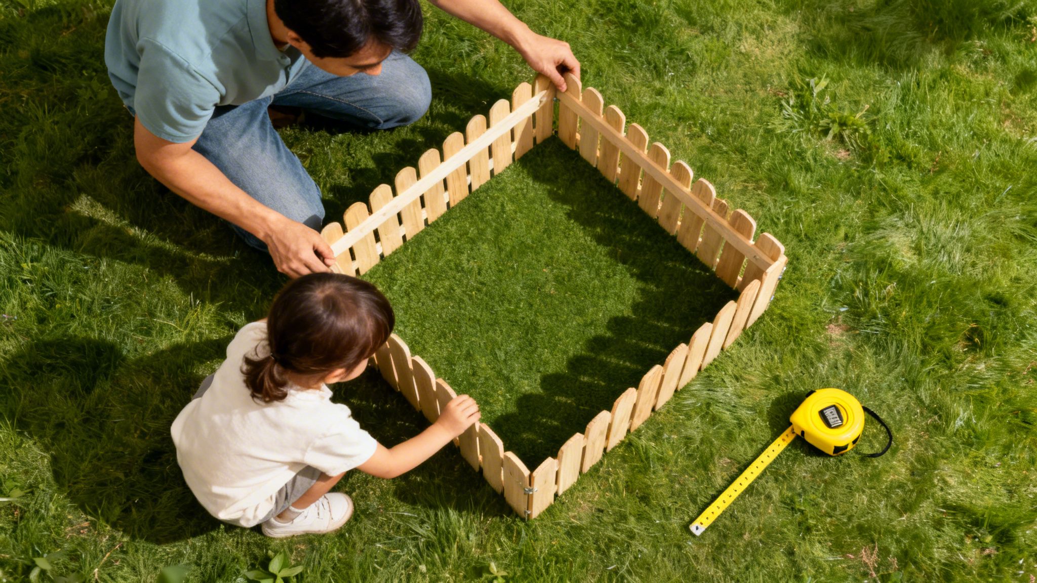 An adult and child are building a small wooden fence in a square shape on green grass.