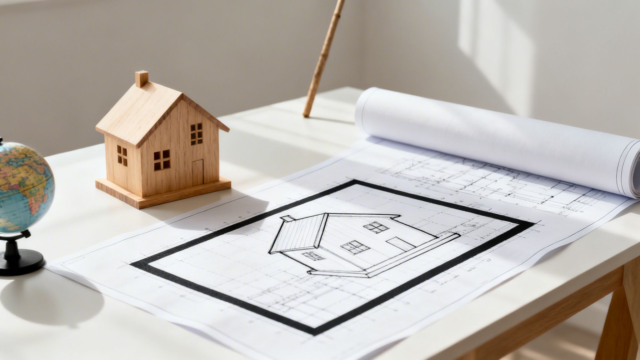 A wooden house model and architectural blueprints with a detailed house drawing on a white desk.