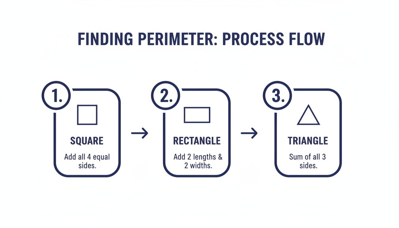 A process flow diagram illustrating how to find the perimeter for squares, rectangles, and triangles.