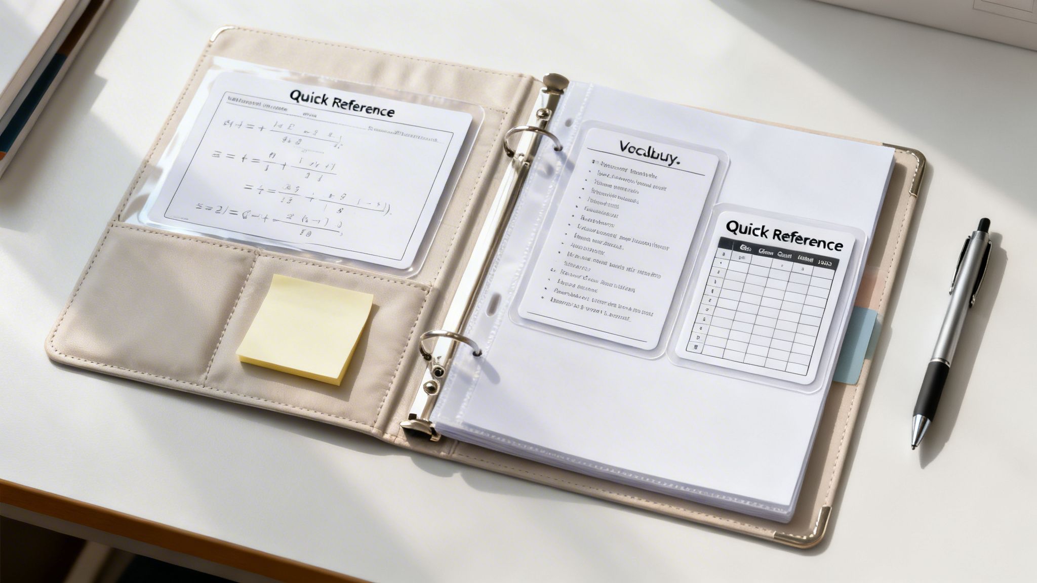 Open study binder on a desk with math and vocabulary quick reference sheets, a sticky note, and pen.
