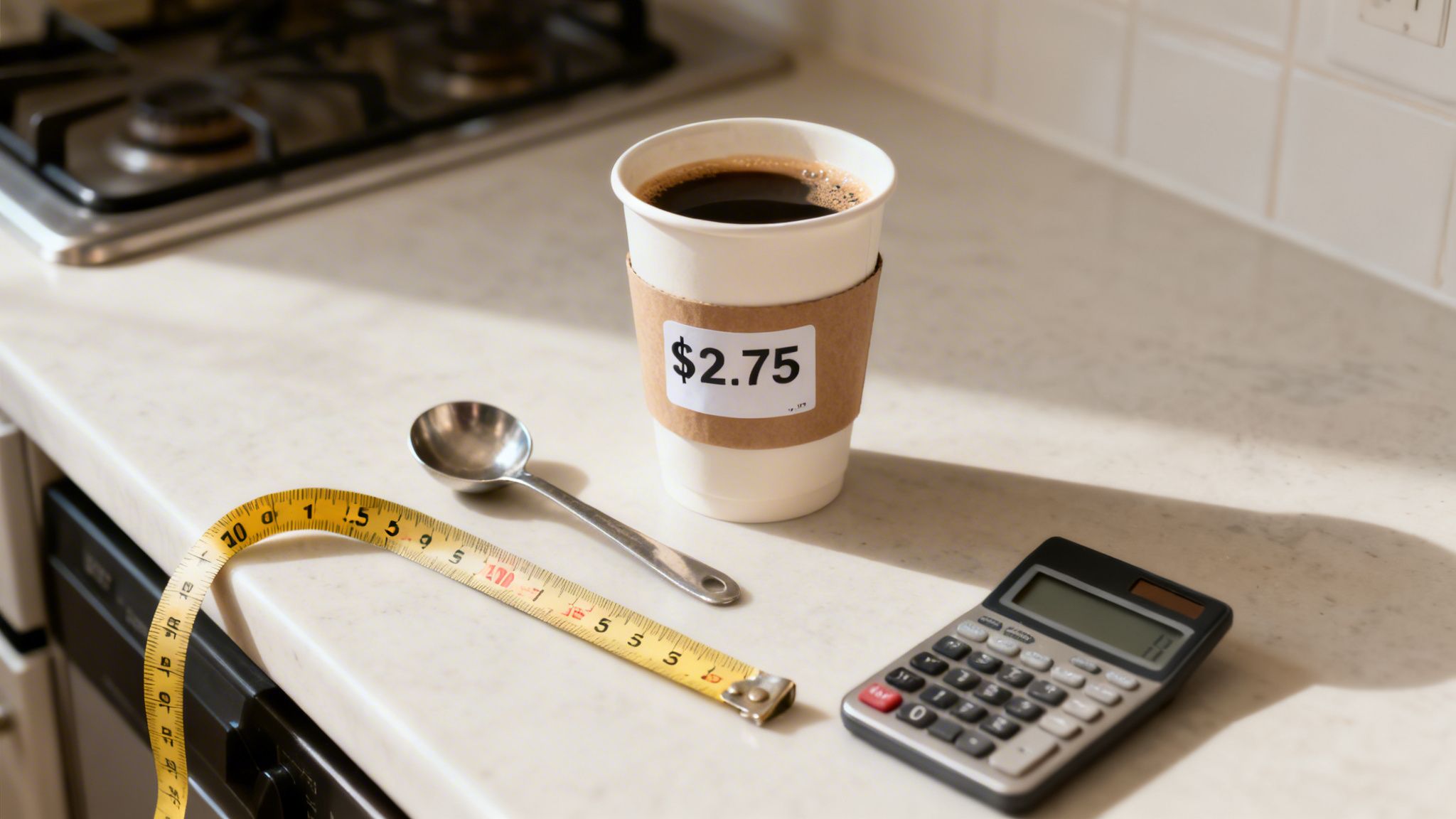 A coffee cup with a $2.75 price tag, spoon, measuring tape, and calculator on a kitchen counter.
